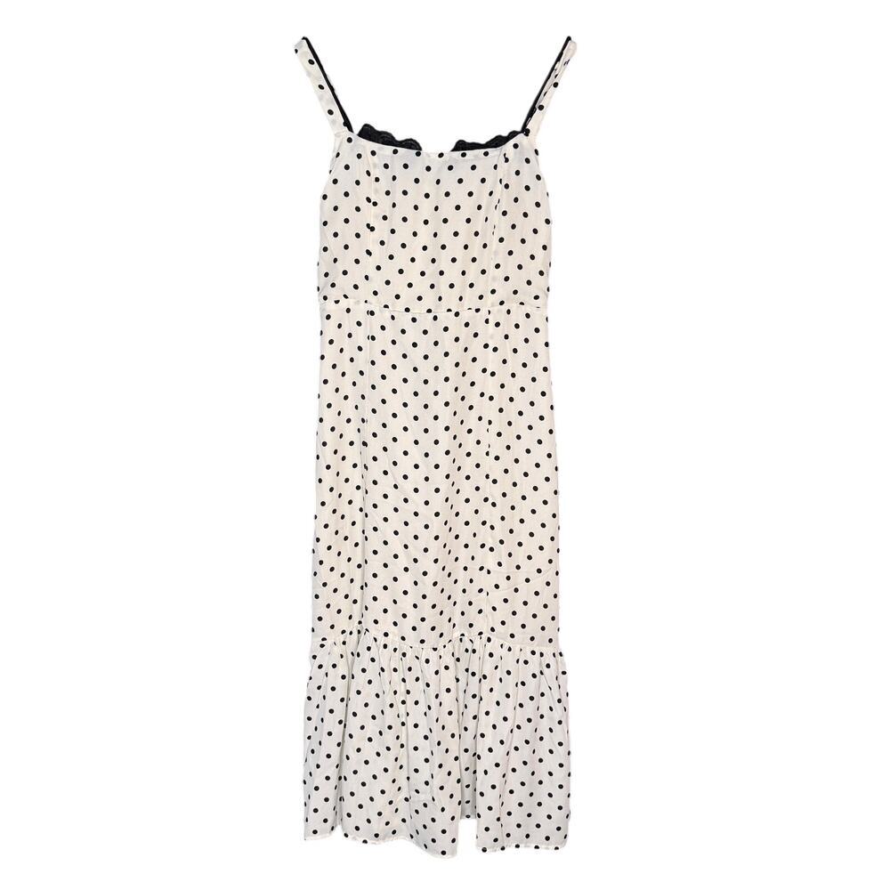 SundayUp Polka Dot Midi Dress Large Cream Black Sleeveless Ruffle Hem